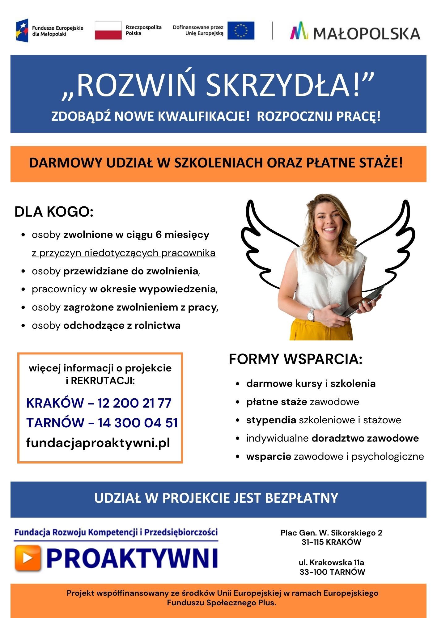 Informacje umieszczone na plakacie dotyczące projektu Rozwiń SKRZYDŁA 